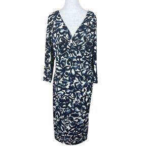Lauren Ralph Lauren Dress Womens 16 Blue Sheath Draped Ruched 3/4‎ Sleeve V-Neck